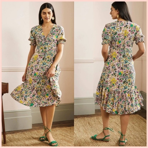 Boden Dresses & Skirts - Boden V-Neck Midi Tea Dress Milkshake Tropical Meadow floral print Size 2 petite